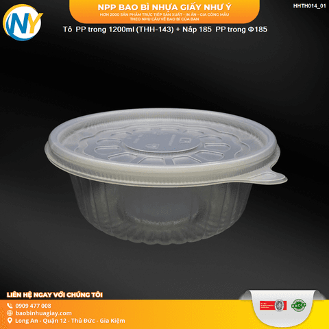 Tô  PP trong 1200ml (THH-143) + Nắp 185  PP trong phi D185 | HỘP NHỰA, TÔ/THỐ NHỰA VUÔNG/TRÒN - HỘP MICROWAVE | Mã HHTH014_01 | Tổng kho phân phối đồ dùng 1 lần 1lan.vn