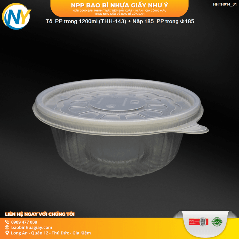 Tô  PP trong 1200ml (THH-143) + Nắp 185  PP trong phi D185 | HỘP NHỰA, TÔ/THỐ NHỰA VUÔNG/TRÒN - HỘP MICROWAVE | Mã HHTH014_01