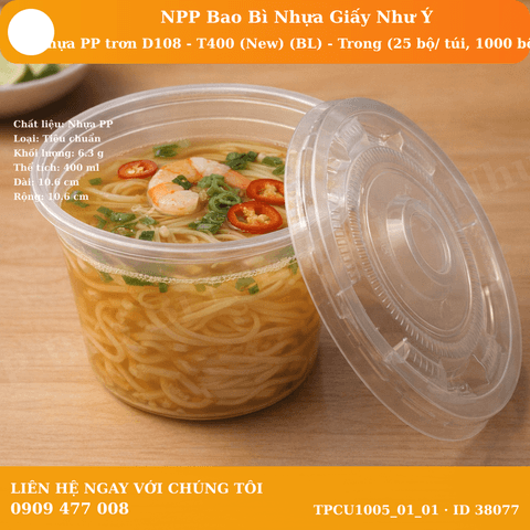 Tô nhựa PP trơn D108 - T400 (New) (BL) - Trong (25 bộ/ túi, 1000 bộ/ bao) | TÔ GIẤY - TÔ CHÁO - TÔ PHỞ TÔ ĐỰNG MÓN NƯỚC - NẮP TÔ GIẤY | Mã TPCU1005_01_01 | Tổng kho phân phối đồ dùng 1 lần 1lan.vn