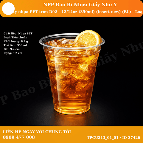 Ly nhựa PET trơn D92 - 12/14oz (350ml) (insert new) (BL) - Loại 1 | LY NHỰA PET | Mã TPCU213_01_01 | Tổng kho phân phối đồ dùng 1 lần 1lan.vn