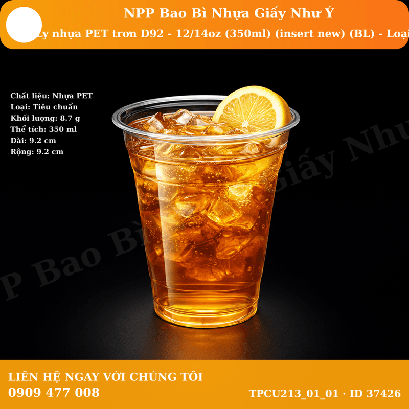 Ly nhựa PET trơn D92 - 12/14oz (350ml) (insert new) (BL) - Loại 1 | LY NHỰA PET | Mã TPCU213_01_01