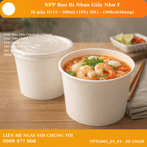 Tô giấy D115 - 500ml (1PE) (BL) - (500cái/thùng) | TÔ GIẤY - TÔ CHÁO - TÔ PHỞ TÔ ĐỰNG MÓN NƯỚC - NẮP TÔ GIẤY | Mã TPTG001_01_01 | Tổng kho phân phối đồ dùng 1 lần 1lan.vn