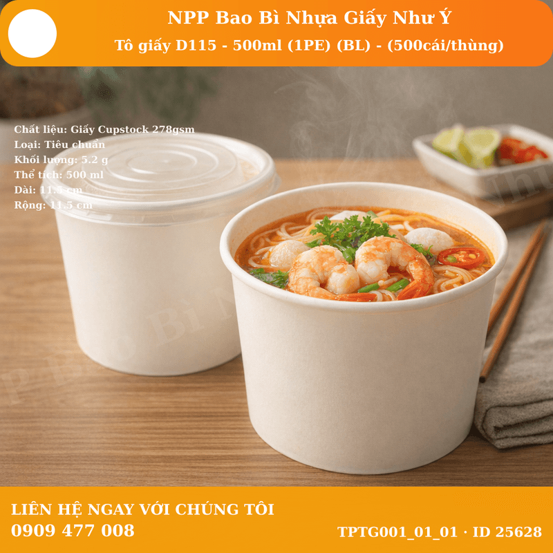 Tô giấy D115 - 500ml (1PE) (BL) - (50 cái/lốc, 500 cái/thùng ) | TÔ GIẤY - TÔ CHÁO - TÔ PHỞ TÔ ĐỰNG MÓN NƯỚC - NẮP TÔ GIẤY | Mã TPTG001_01_01
