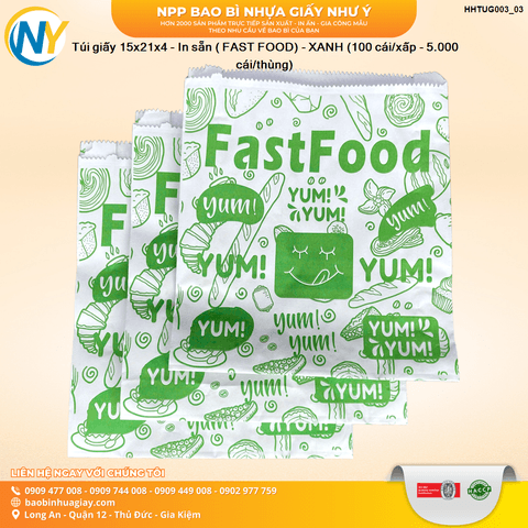 Túi giấy 15x21x4 - In sẵn ( FAST FOOD) - XANH (100 cái/xấp - 5.000 cái/thùng) | HỘP GIẤY - TÚI GIẤY NGÀNH BÁNH NGỌT- BÁNH MÌ - FASTFOOD - GÀ RÁN | Mã HHTUG003_03 | Tổng kho phân phối đồ dùng 1 lần 1lan.vn