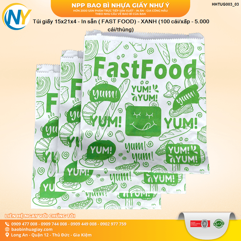 Túi giấy 15x21x4 - In sẵn ( FAST FOOD) - XANH (100 cái/xấp - 5.000 cái/thùng) | HỘP GIẤY - TÚI GIẤY NGÀNH BÁNH NGỌT- BÁNH MÌ - FASTFOOD - GÀ RÁN | Mã HHTUG003_03